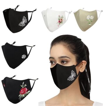 MASQ By Q-One Floral 4 Layer, Reusable, with Ear Adjusters, Anti-Bacterial (BFE>99%) Embroidered Cotton Cloth Face Mask Combo for Women, Girls.